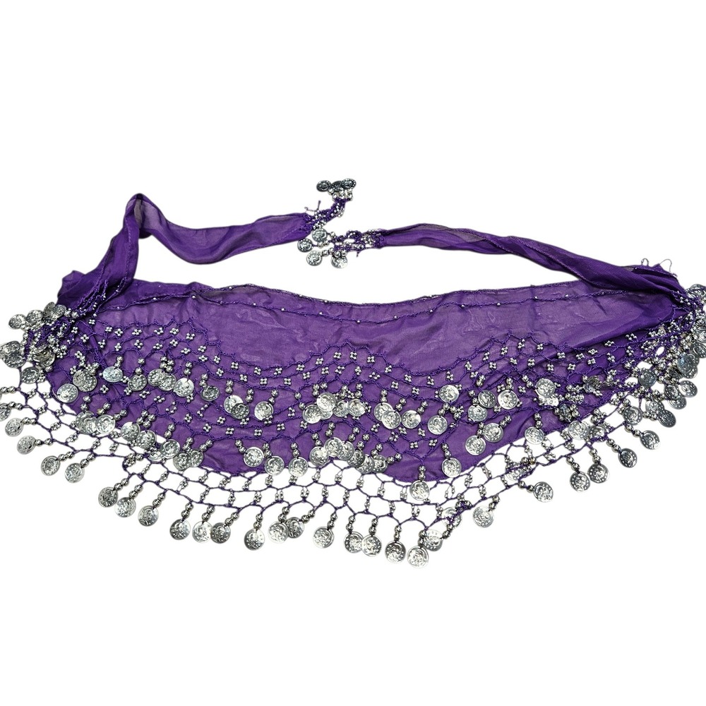 Purple Belly Dance Hip‎ Scarf Coin Tassel Chiffon Tribal Festival Burning Man